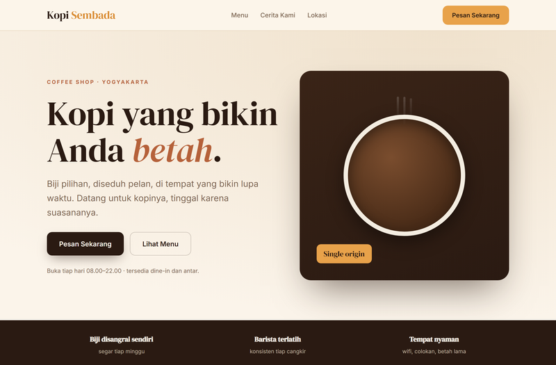 Contoh desain website untuk kedai kopi Kopi Sembada