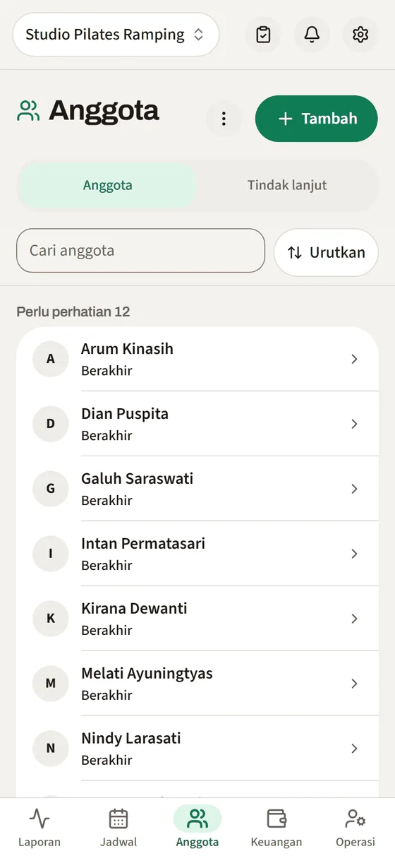 Layar Anggota: daftar anggota yang perlu perhatian