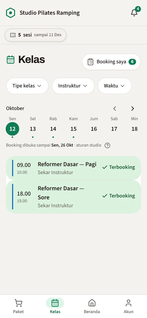 Aplikasi member: daftar kelas, dua kelas bertanda Terbooking