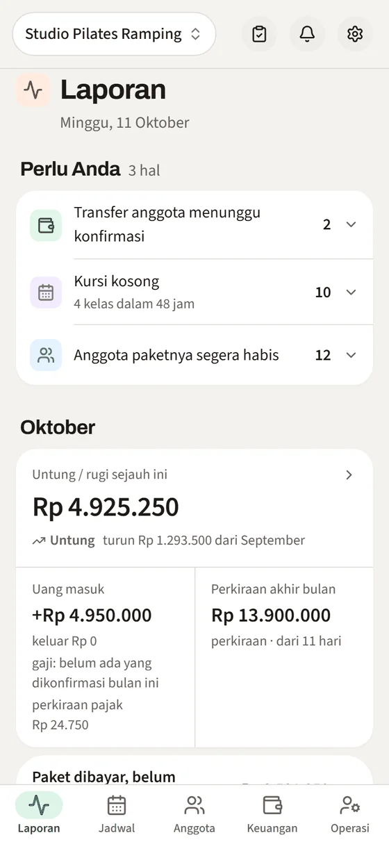 Layar Laporan: transfer menunggu konfirmasi, kursi kosong, paket segera habis