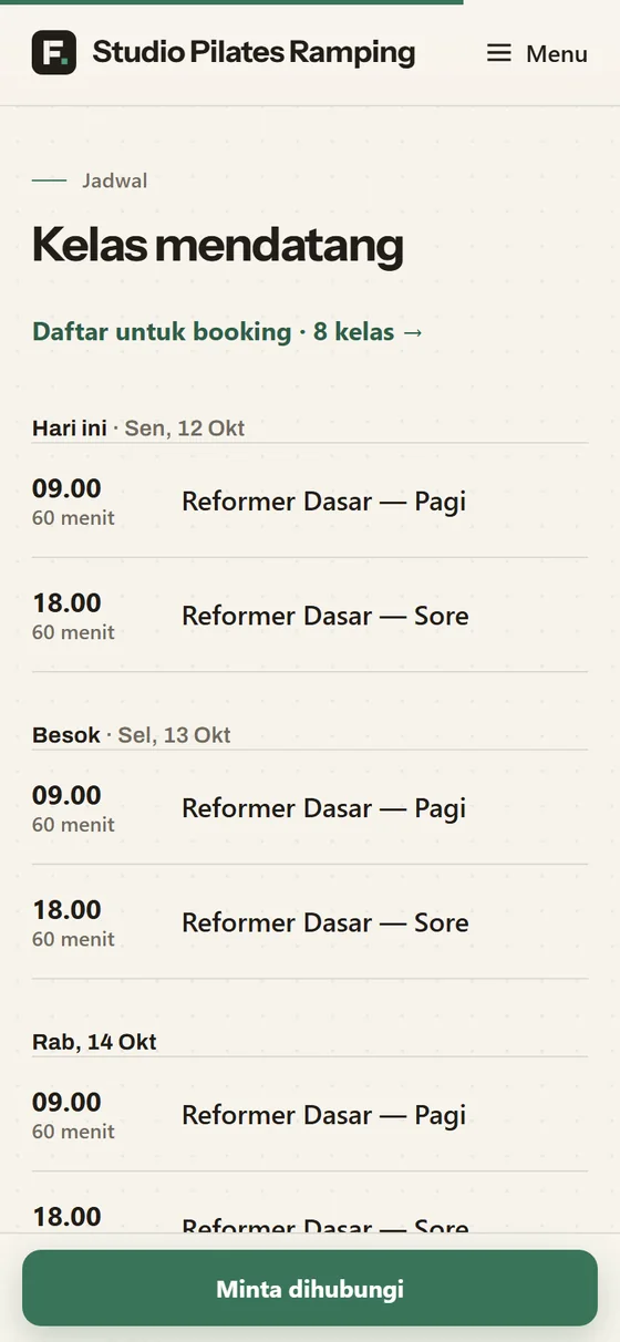 Website studio: daftar kelas mendatang per hari dan tombol Minta dihubungi
